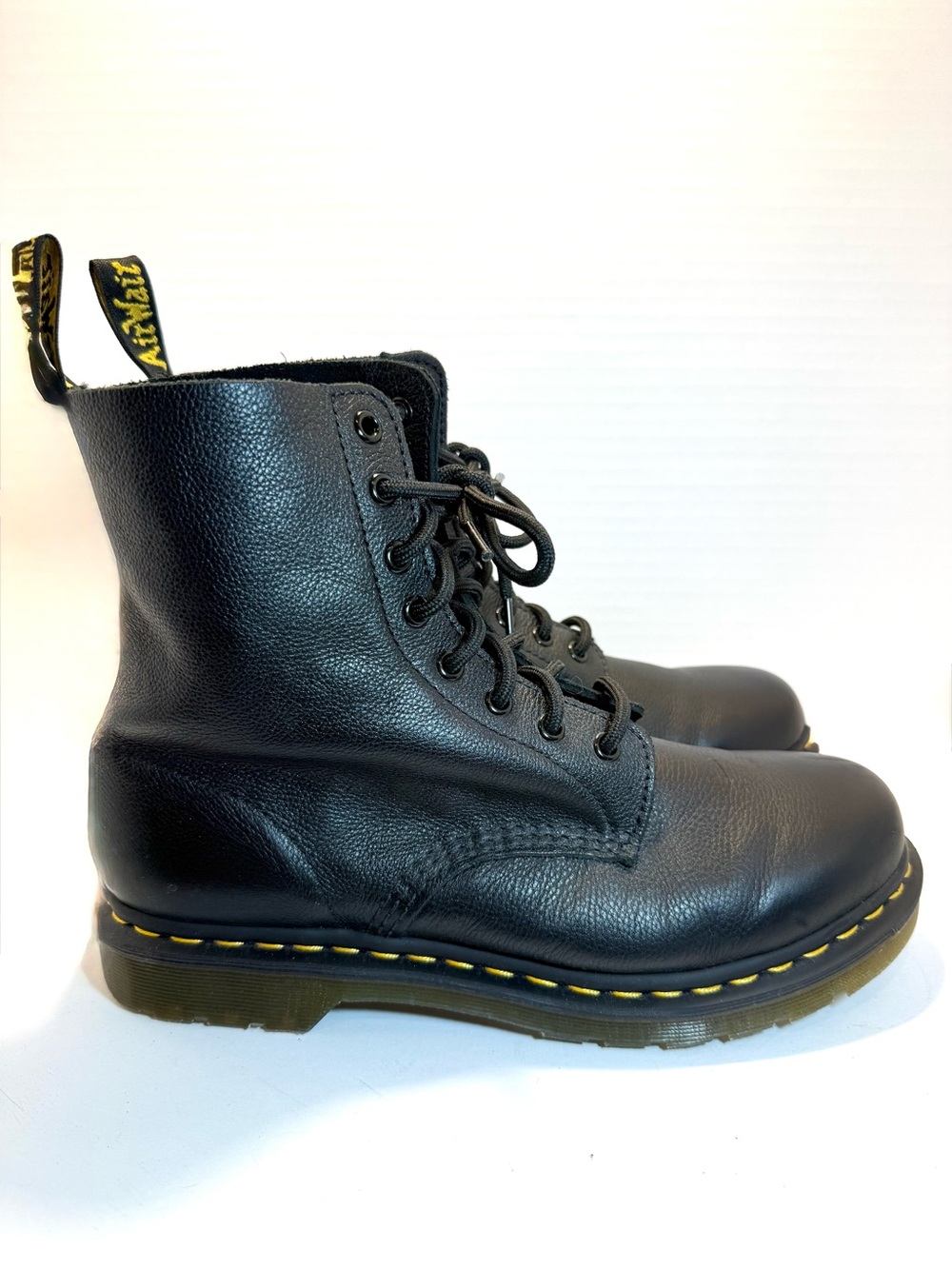 Dr. Martens Black Leather Lace-Up Ankle Boots with Yellow Stitching Women’s 10
